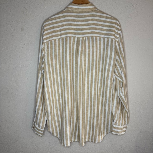 Universal Thread Linen Blend Shirt Tan & White Oversized Striped Women’s Size L - Picture 2 of 9